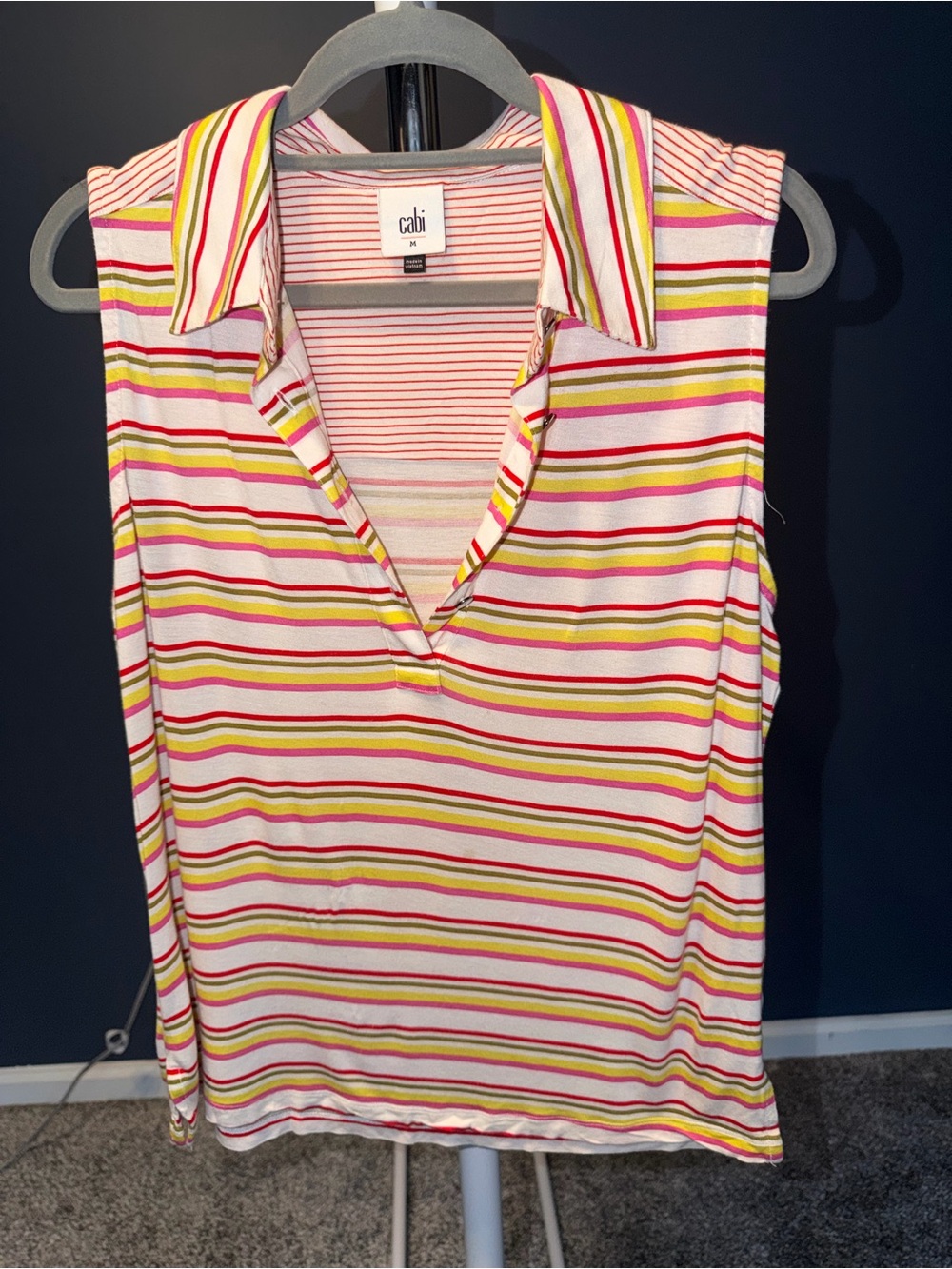 CAbi Collared Sleeveless Stripe Tank in Pink, Yellow & White